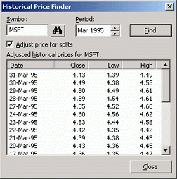 Using the Historical Price Finder